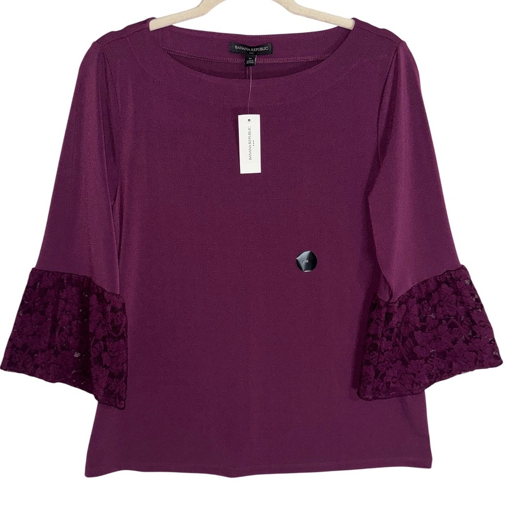 Banana Republic Womens Plum Purple Lace Bell Sleeve Boatneck Blouse Medium NEW